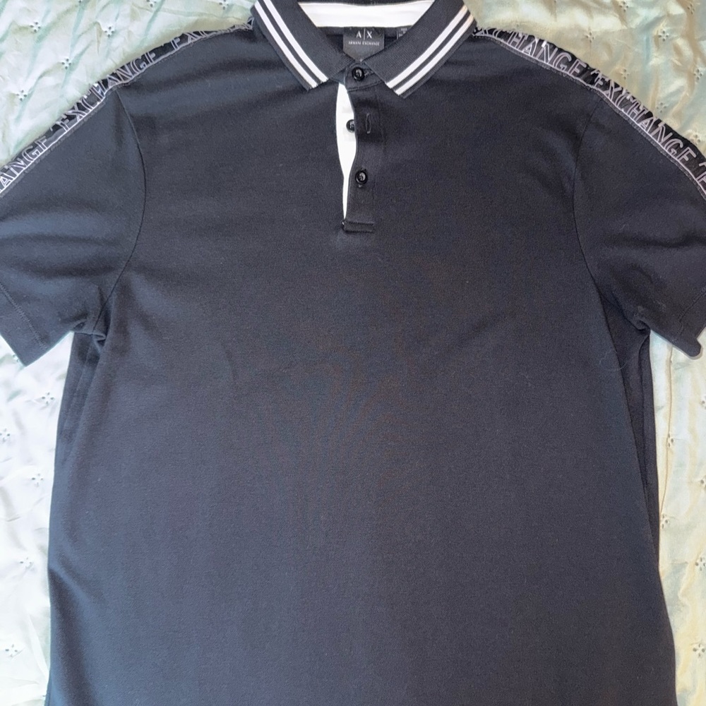 A/X Armani Exchange Black Polo with White Placket and Striped Collar